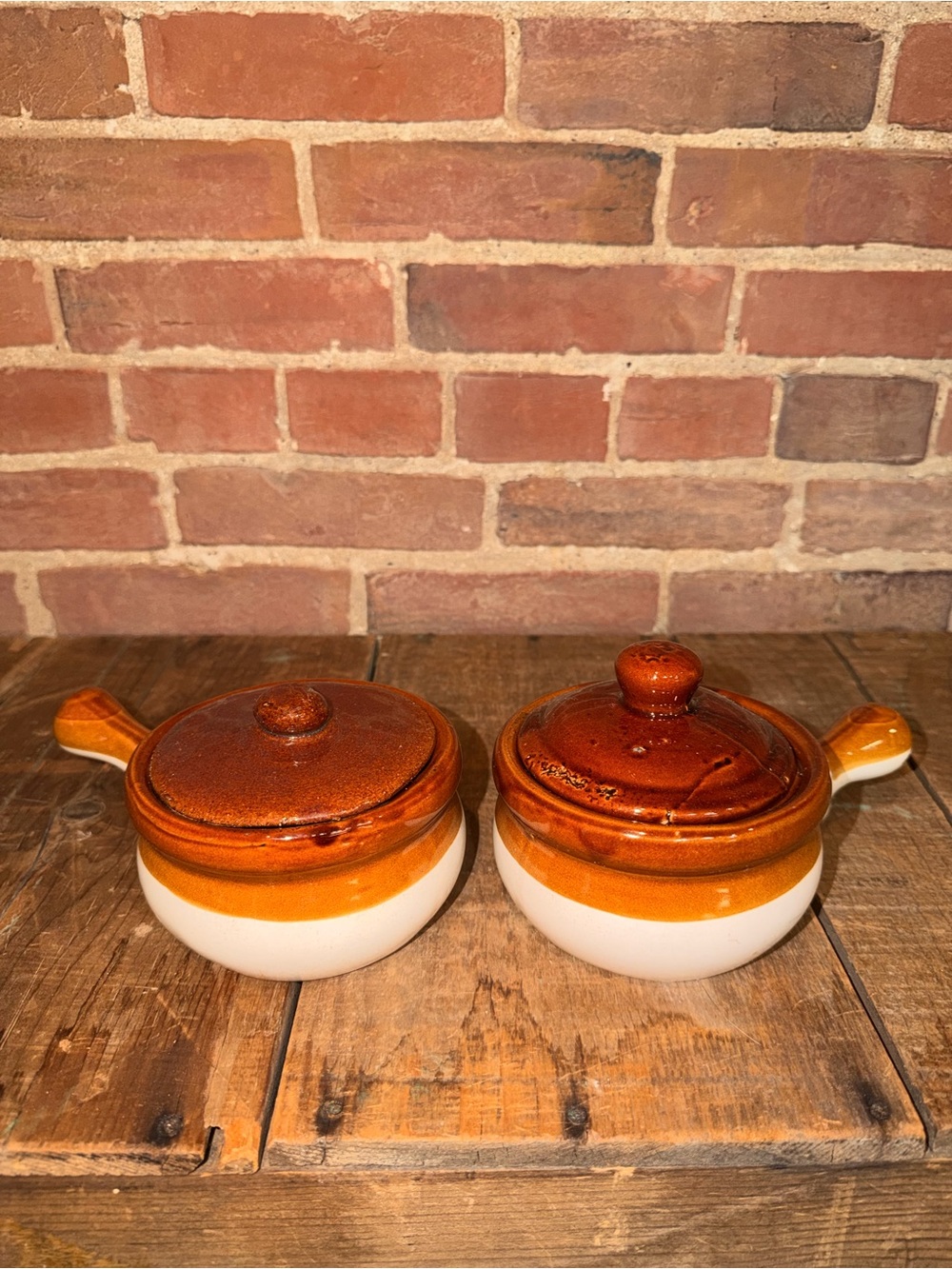 Glazed Ceramic Covered Ramekin with Handle - Brown and Cream (Set of 2)